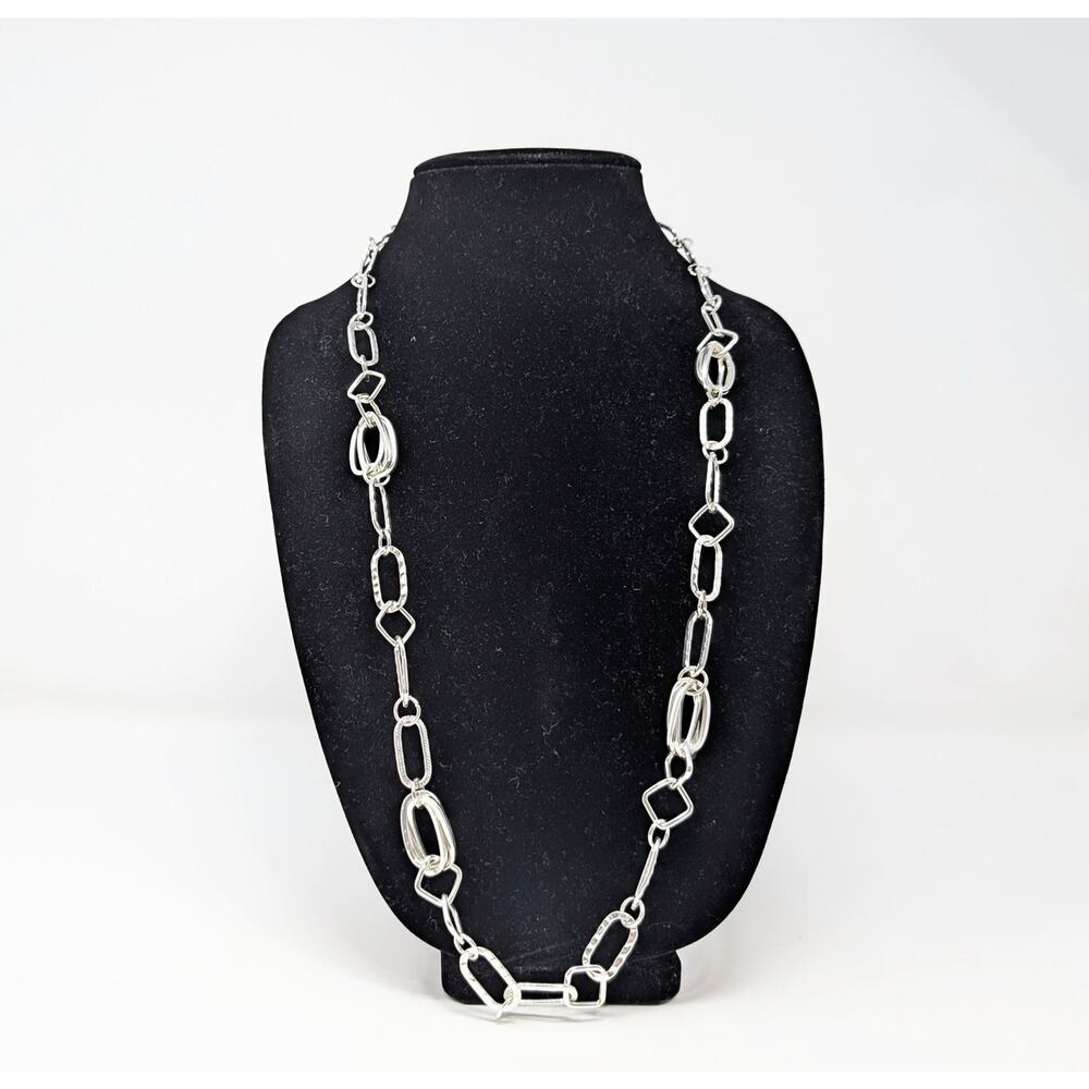 Chico's Necklace Silver Tone Oval Square Link Chain Statement Long Adjustable